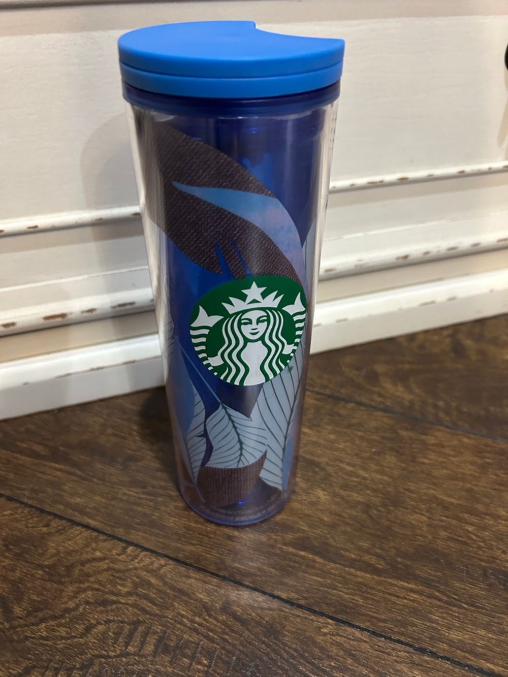 Starbucks Blue Travel Tumbler with Leaf Design and Green Logo